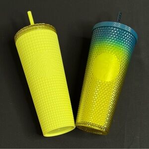 Starbucks Yellow and Blue-Green Ombre Textured Tumblers with Straws